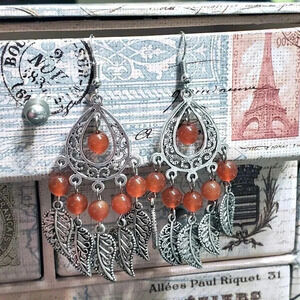 Artisan Red Carnelian Gemstone Antique Silver Leaves Chandelier Earrings